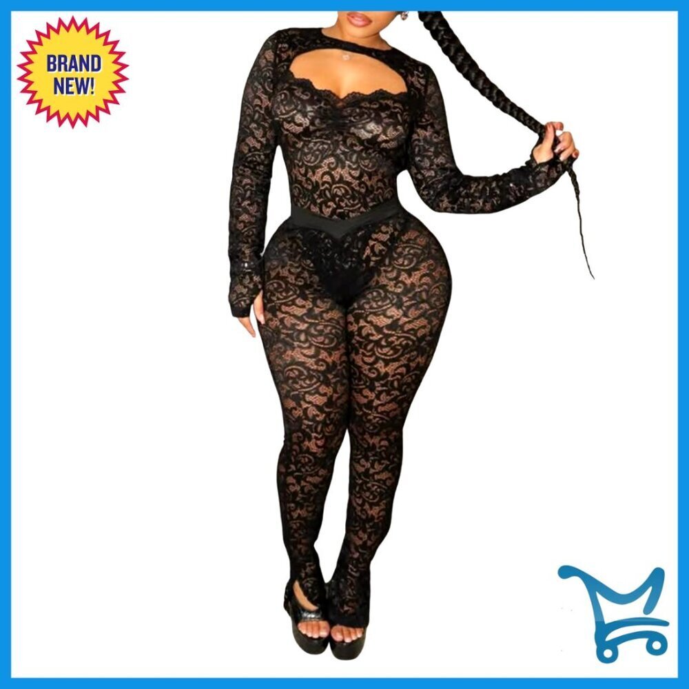 Lace Jumpsuit Set Halter Backless See Through Bodysuit Flare Pants Y2K
